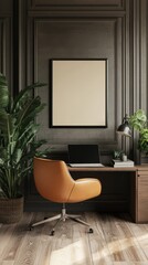 Fototapeta premium Modern Home Office Mockup: A stylish workspace featuring a tan leather office chair, a dark wood desk with a laptop, a framed mockup poster, and lush greenery.