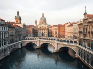 Obraz premium Historic European city with ornate bridges and canals, european cityscape, historic significance