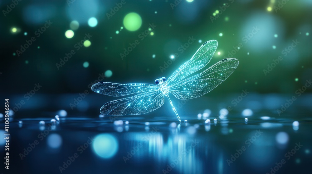 Poster a luminous dragonfly hovers above a shimmering surface, surrounded by ethereal glowing particles in 