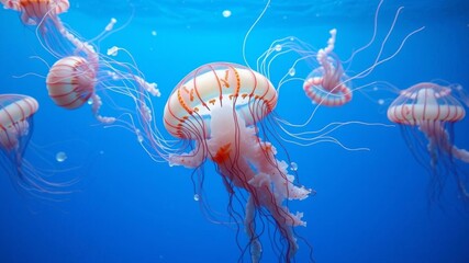 A mesmerizing jellyfish with countless smaller jellyfish in its tentacles, floating in a surreal blue body of water, ocean, blue water