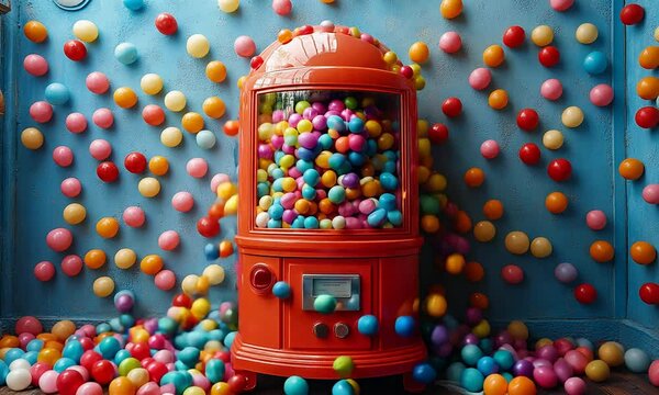 A colorful gumball machine surrounded by vibrant plastic eggs.