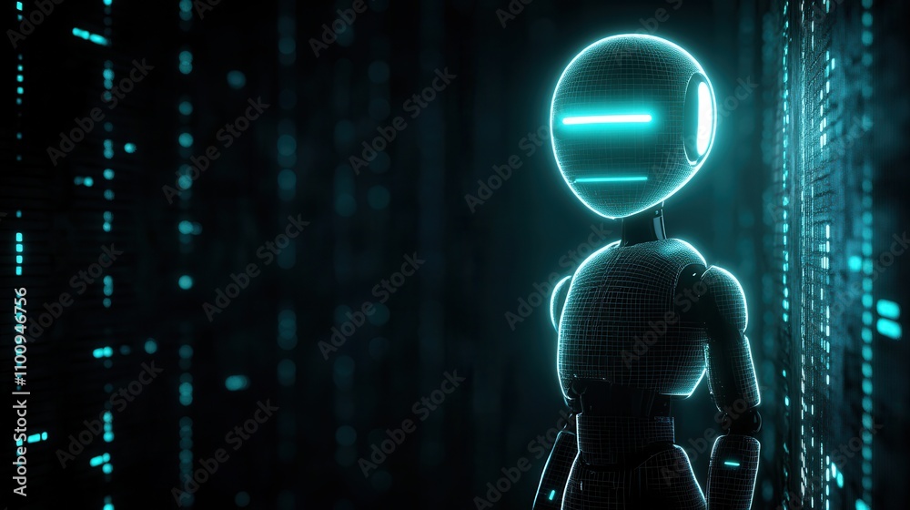 Poster A futuristic robot stands in a digital environment, illuminated by glowing lines, embodying technology and innovation.