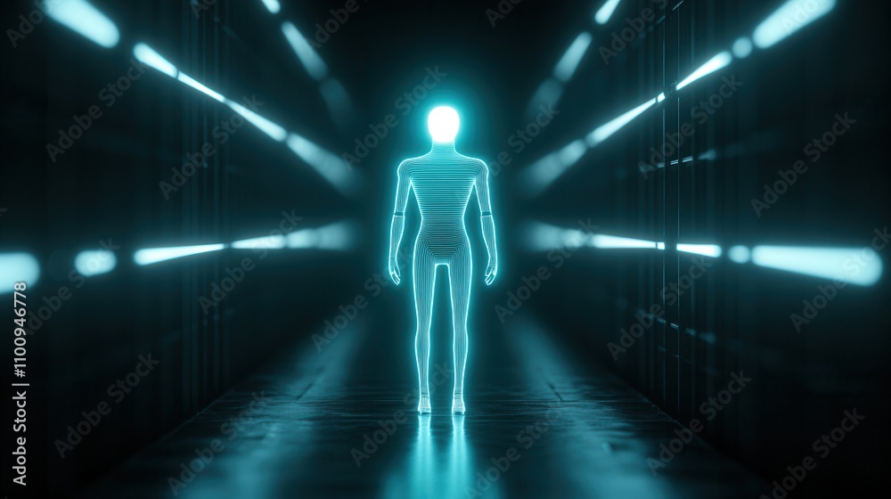 Poster a glowing humanoid figure stands in a dark corridor illuminated by blue lines, creating a futuristic