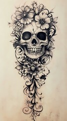 Floral Skull Tattoo Design:  A intricate, black and white tattoo design featuring a skull adorned with delicate floral elements.  The artwork embodies a blend of darkness and beauty.