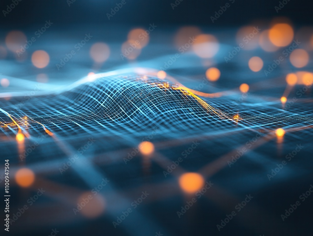 Poster A vibrant digital landscape featuring glowing lines and nodes, representing data flow and connectivity in a futuristic network.