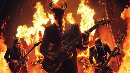 A thrilling rock concert ignites the stage as a band dressed in suits and devil horns plays energetically amidst a backdrop of flames. The atmosphere is electric, captivating the audience.