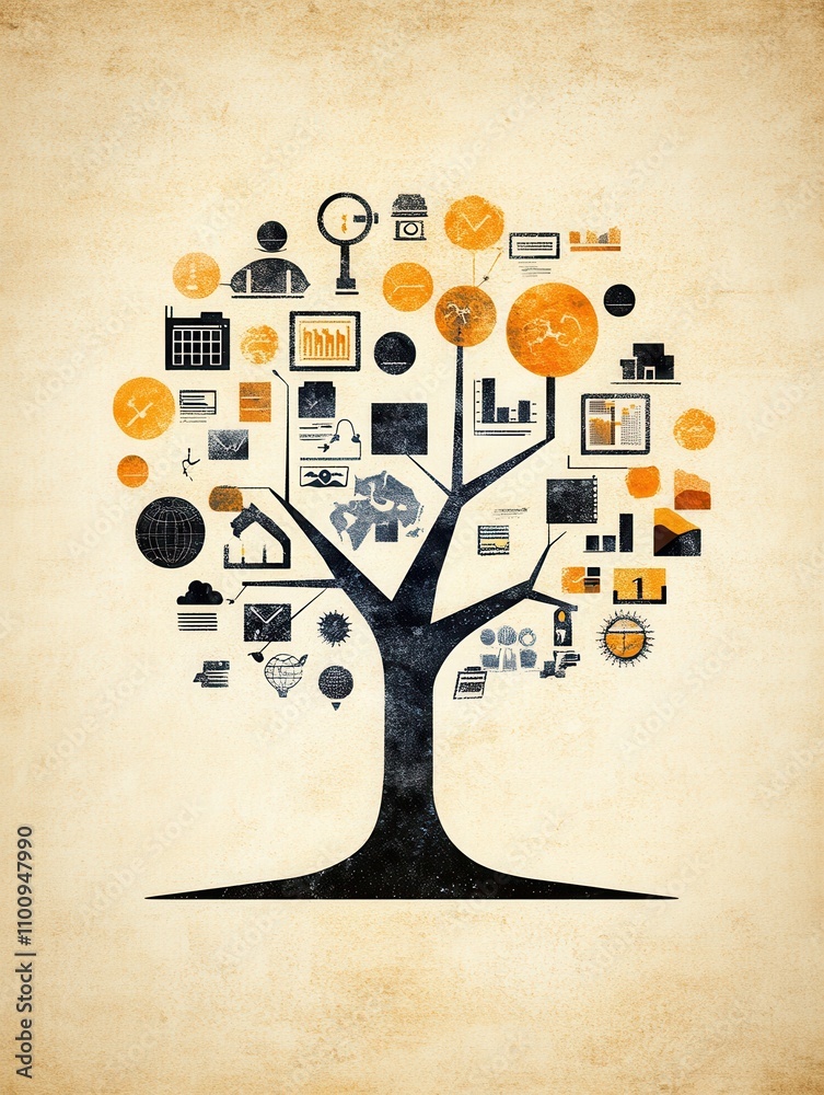 Poster A stylized tree comprised of various icons representing data, analytics, and growth, set against a vintage background.