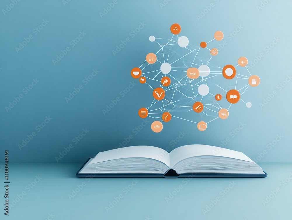 Poster An open book with floating icons representing knowledge, technology, and connections against a blue background.