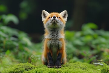 Obraz premium Alert red fox on hind legs gazing curiously in a scenic woodland environment