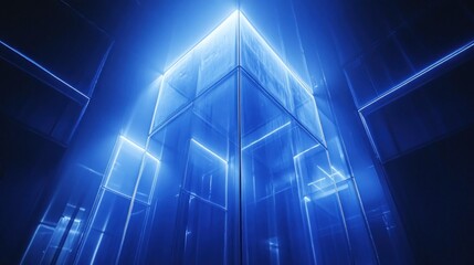 High-rise building landscape with blue and white light shining through steel frame Symbolizing urban progress