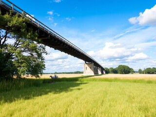 Fototapeta premium A serene sheep stands on a bridge in a field, surrounded by trees and fluffy clouds against a clear blue sky, bridge, blue sky