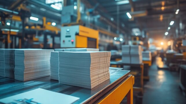 High-speed printing press producing magazines with vivid colors and sharp images in a printing factory with stacks of fresh prints