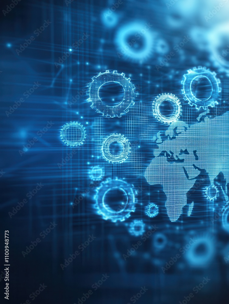 Poster a futuristic digital representation of interconnected gears and a world map, symbolizing technology 