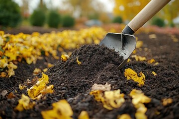 A shovel filled with dark soil rests on a bed of loose soil with fallen yellow leaves in the background.