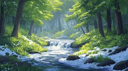 Obraz premium A river flowing through a forest with melting snow and fresh greenery