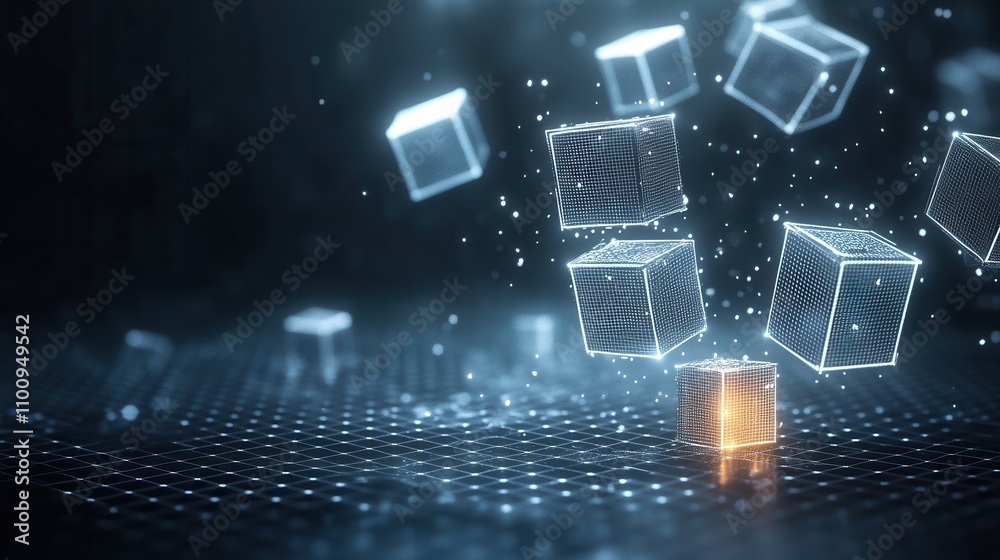 Poster A visually striking digital scene featuring floating, translucent cubes in a glowing, dark background, suggesting themes of technology and abstraction.