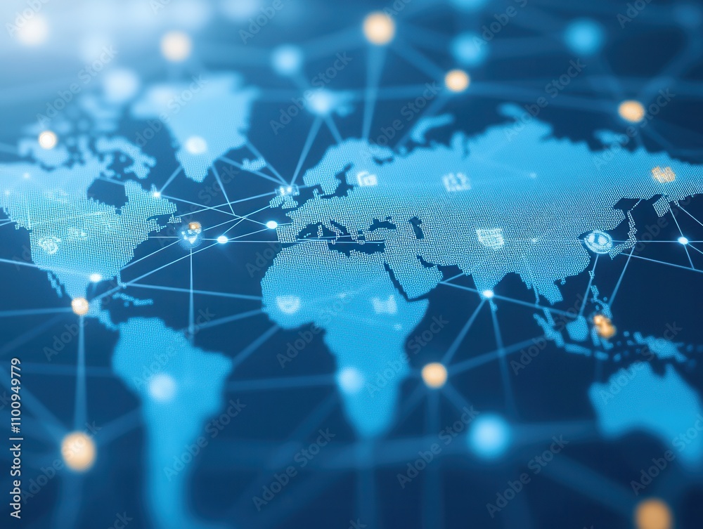 Aufkleber A digital map highlighting global connections with a network of dots and lines, emphasizing technology and communication.