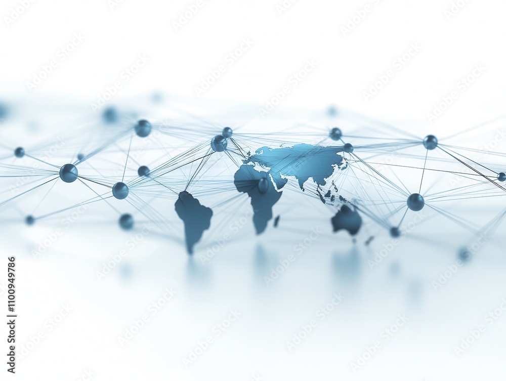 Poster A digital illustration of a world map interconnected by nodes and lines, symbolizing global connectivity and data flow.