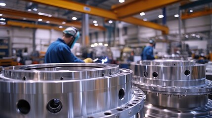 Obraz premium Metalworkers carefully welding and polishing stainless steel parts for industrial use in a large, well-ventilated factory