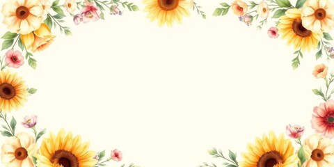 Obraz premium A stunning watercolor floral frame with a vibrant sunflower on a soft cream background, perfect for a wedding invitation card design, space, text