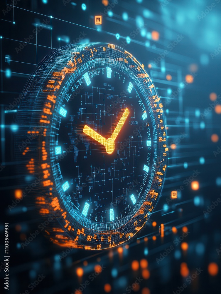 Aufkleber A digital clock surrounded by glowing data streams, representing time and technology in a futuristic, high-tech environment.