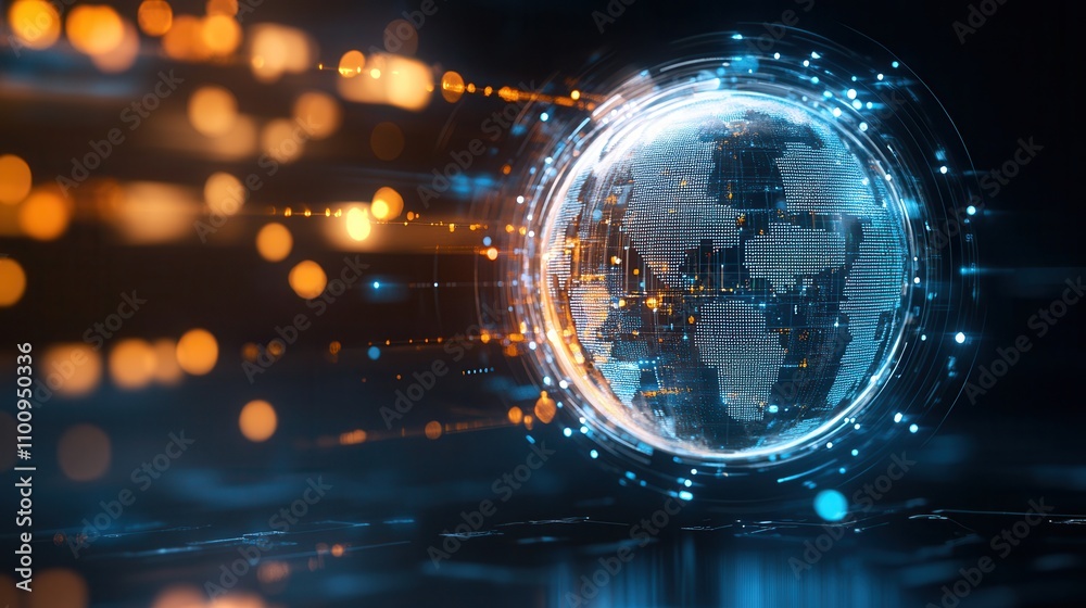 Poster A glowing digital globe surrounded by dynamic light trails, symbolizing connectivity and technology in a futuristic environment.