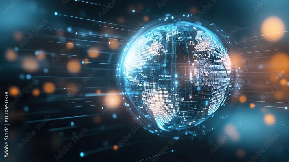 Poster A digital representation of a glowing globe surrounded by dynamic lines and particles, symbolizing technology and connectivity.