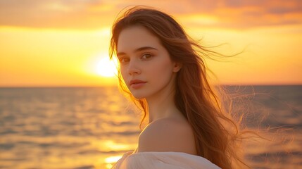 Fototapeta premium Portrait shot Beautiful woman standing at beach during sunset time.