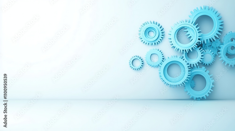 Poster a collection of blue gears is arranged dynamically against a minimalist white background, symbolizin