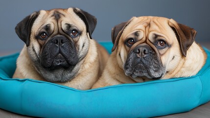 Obraz premium Playful pugs relaxing in a cozy dog bed a warm indoor pet photography moment