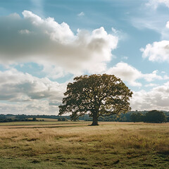 Obraz premium Majestic Oak Tree in Serene English Countryside Landscape