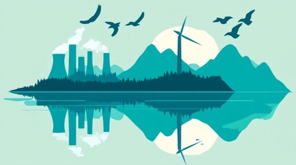 Obraz premium Natural Energy Landscape with Power Plant and Wind Turbine