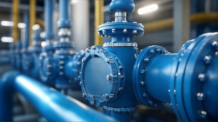 Obraz premium Industrial Water Pump System with Valves and Pipes in a Power Substation for Clean Water Supply