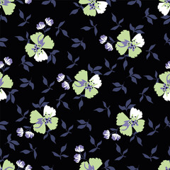 Trendy Floral pattern in the many kind of flowers. Tropical botanical Motifs scattered random. Seamless vector texture. Printing with in hand drawn style on dark background