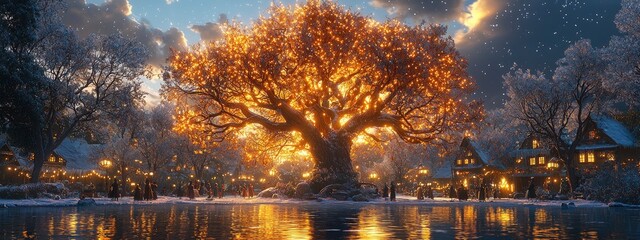 Enchanting winter scene with a glowing tree in a magical village