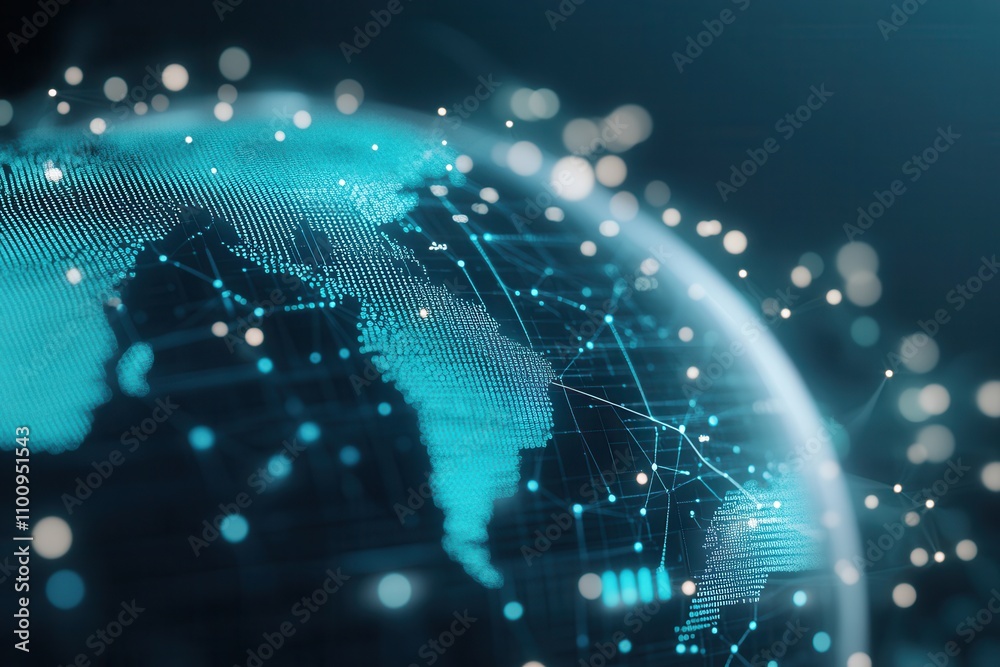 Poster a digital representation of earth, highlighting connections and networks with glowing points and lin