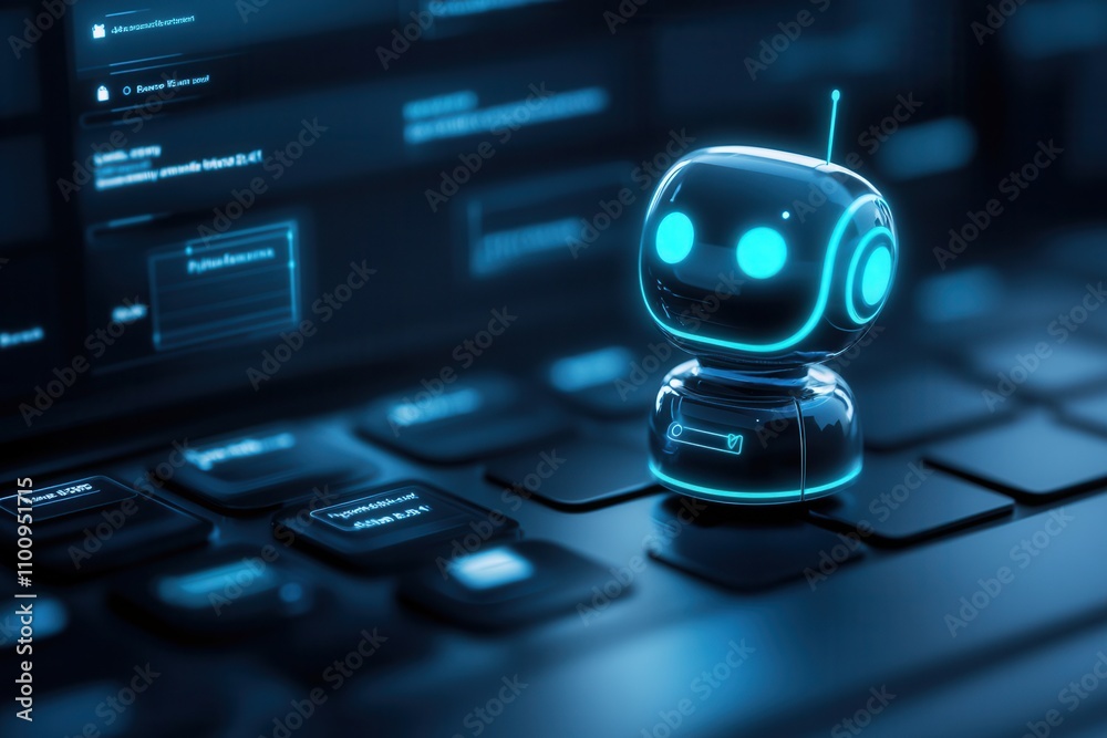 Poster a futuristic robot figurine sits on a keyboard, illuminated with blue light, symbolizing technology 