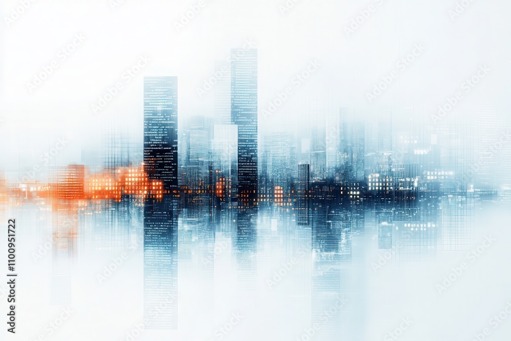 Aufkleber a blurred, modern city skyline is reflected in water, creating a serene atmosphere with hints of ora
