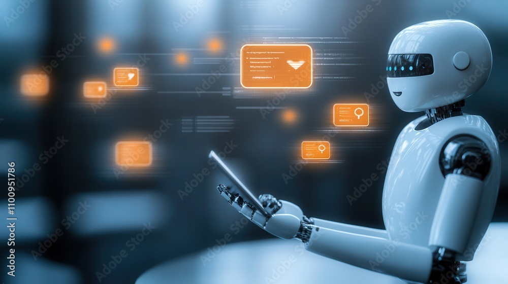 Poster A futuristic robot interacts with digital information, showcasing advanced technology and communication in a sleek, modern setting.