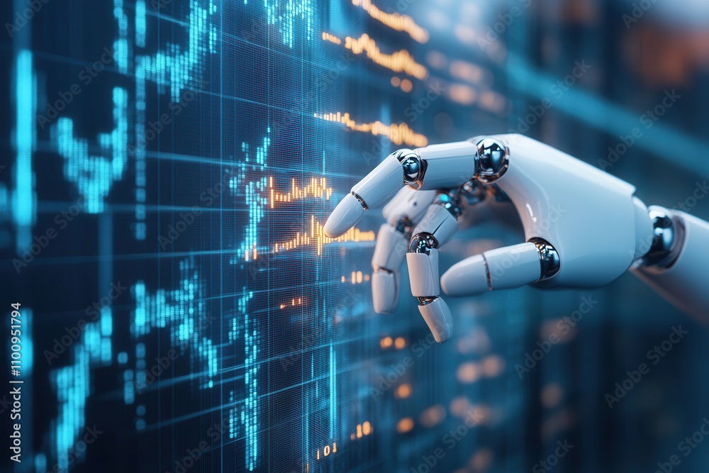 Poster A robotic hand interacts with a digital display of fluctuating data, symbolizing the fusion of technology and analytics in modern computing.