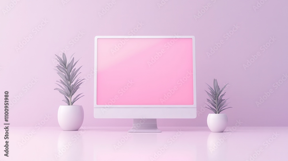Poster a minimalist workspace featuring a white computer monitor with a pink screen, flanked by two small p