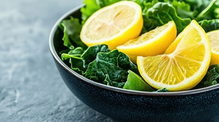 A vibrant bowl of fresh green lettuce garnished with bright lemon slices, showcasing a healthy and refreshing dish.