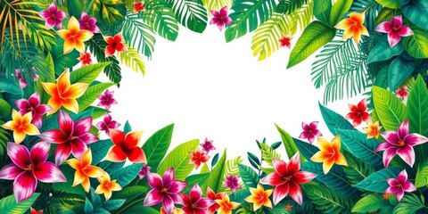 Naklejka premium A vibrant tropical jungle background with lush foliage and colorful flowers surrounding a clean white frame in the center, generative ai, flowers