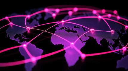 glowing digital map of world with interconnected nodes and lines represents global communication and network connectivity. vibrant pink and purple hues highlight technological theme