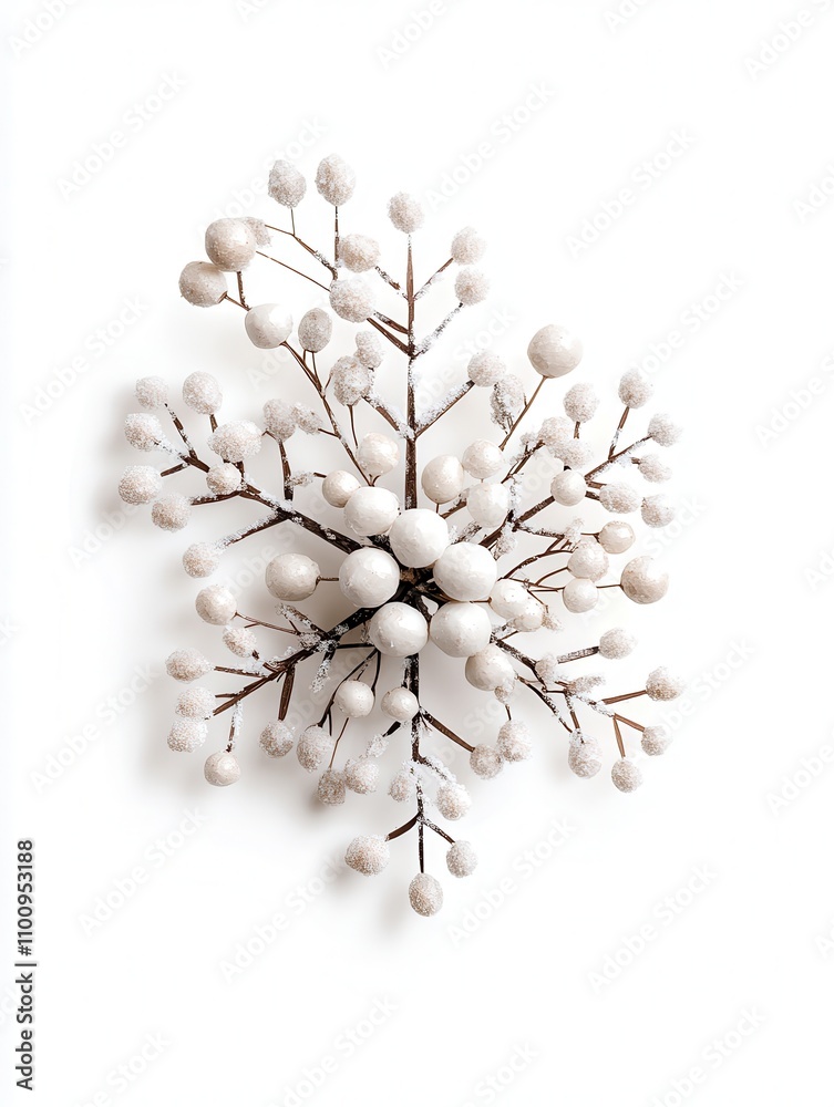 Poster a delicate arrangement of white berries on thin branches, resembling a snowflake, creating a serene 