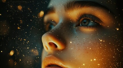 The face of a young woman overlaid with the Milky Way, conveying a sense of connection to the universe and mystery.