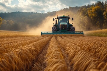 Obraz premium A green tractor harvests wheat in a field, kicking up dust as it goes. The sun is shining, and the field is golden.