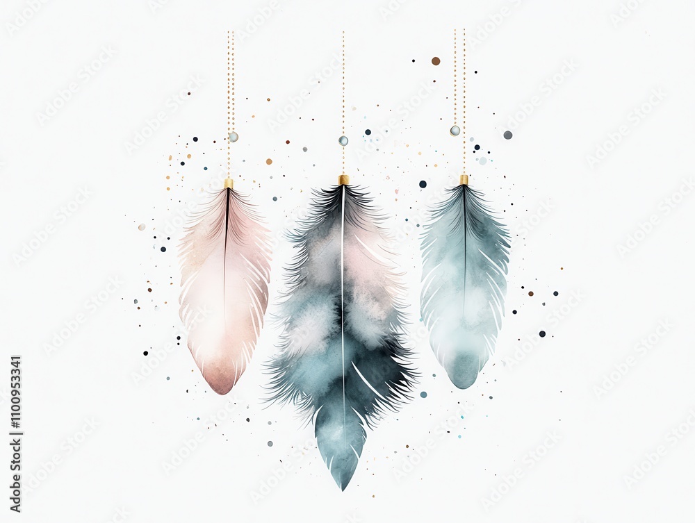 Aufkleber a watercolor illustration featuring three delicate feathers in soft colors, suspended with gold stri