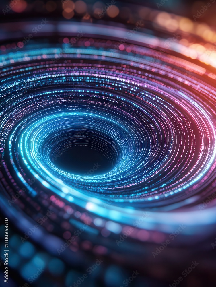 Poster a mesmerizing digital vortex of bright colors swirling into darkness, symbolizing depth and the unkn