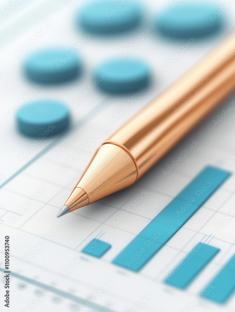 Poster A close-up of a golden pen resting on a chart, surrounded by blue circular and bar graph elements, symbolizing data analysis and financial reporting.